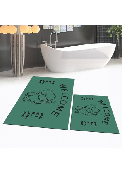 Dijital Baskılı Kaymaz Taban Yıkanabilir Ikili Banyo Paspas Klozet Takımı, V-Klozet-11-Yeşil,