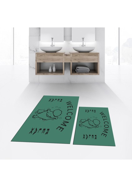 Dijital Baskılı Kaymaz Taban Yıkanabilir Ikili Banyo Paspas Klozet Takımı, V-Klozet-11-Yeşil, fiyatları