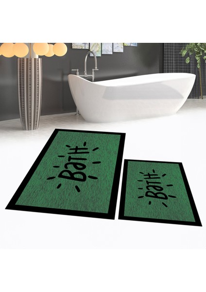 Dijital Baskılı Kaymaz Taban Yıkanabilir Ikili Banyo Paspas Klozet Takımı, V-Klozet-10-Yeşil,