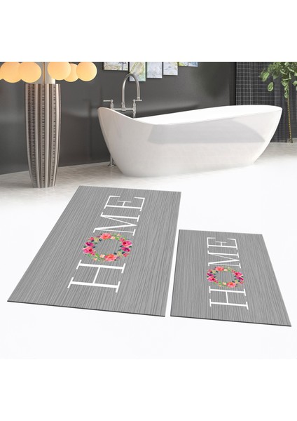 Dijital Baskılı Kaymaz Taban Yıkanabilir Ikili Banyo Paspas Klozet Takımı, V-Klozet-12-Gri,