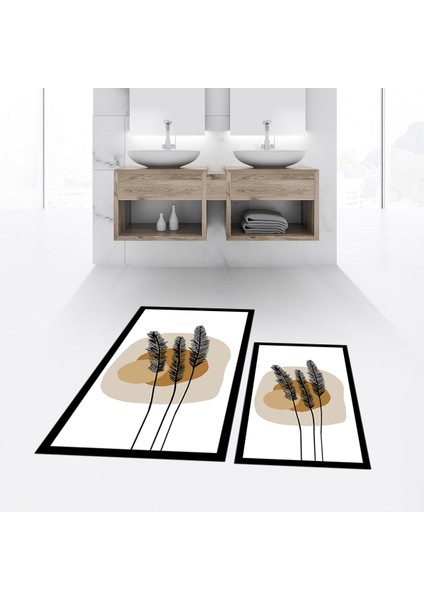 Dijital Baskılı Kaymaz Taban Yıkanabilir Ikili Banyo Paspas Klozet Takımı, V-Klozet-28-Beyaz,