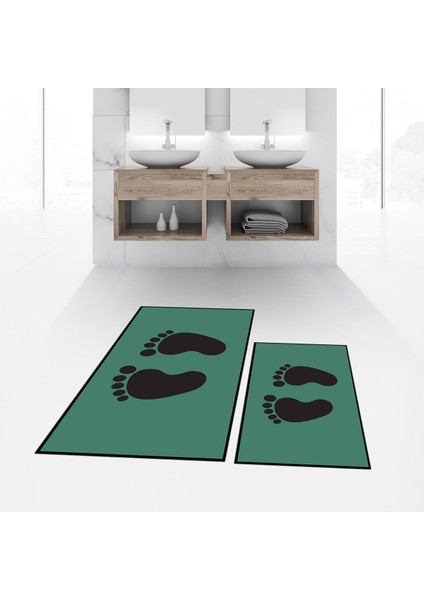 Dijital Baskılı Kaymaz Taban Yıkanabilir Ikili Banyo Paspas Klozet Takımı, V-Klozet-21-Yeşil,