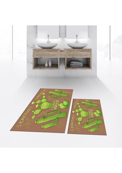 Dijital Baskılı Kaymaz Taban Yıkanabilir Ikili Banyo Paspas Klozet Takımı, V-Klozet-23-Kahve,