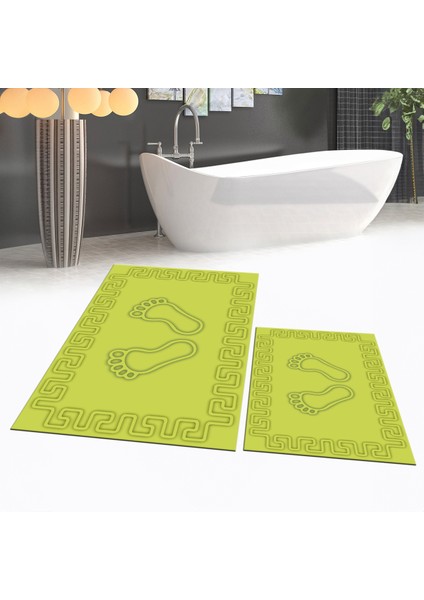 Dijital Baskılı Kaymaz Taban Yıkanabilir Ikili Banyo Paspas Klozet Takımı, V-Klozet-18-Yeşil,