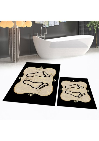 Dijital Baskılı Kaymaz Taban Yıkanabilir Ikili Banyo Paspas Klozet Takımı, V-Klozet-20-Gold,