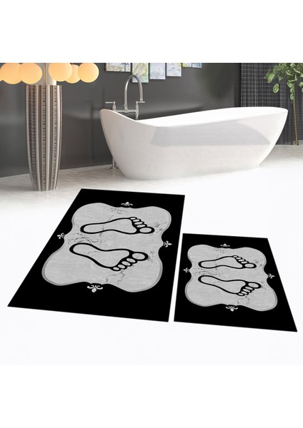 Dijital Baskılı Kaymaz Taban Yıkanabilir Ikili Banyo Paspas Klozet Takımı, V-Klozet-20-Siyah,