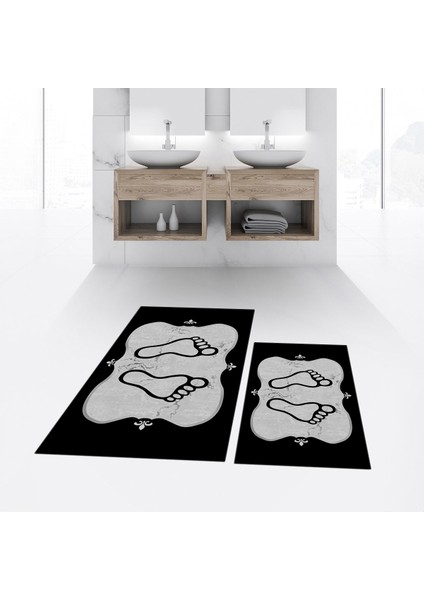 Dijital Baskılı Kaymaz Taban Yıkanabilir Ikili Banyo Paspas Klozet Takımı, V-Klozet-20-Siyah, fiyatları