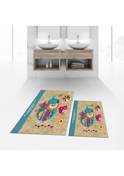 Dijital Baskılı Kaymaz Taban Yıkanabilir Ikili Banyo Paspas Klozet Takımı, V-Klozet-31-Kahve,