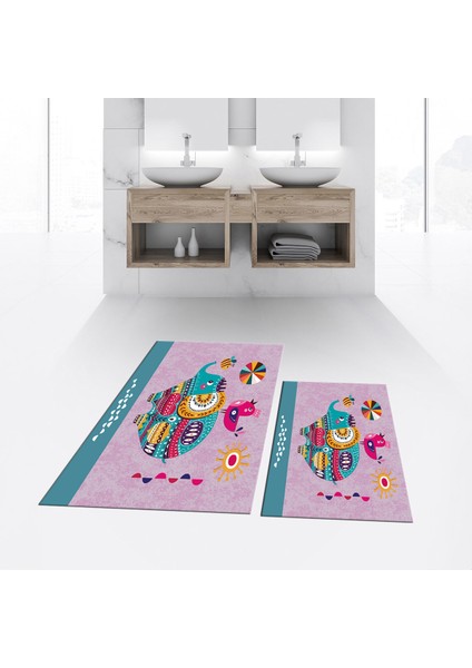 Dijital Baskılı Kaymaz Taban Yıkanabilir Ikili Banyo Paspas Klozet Takımı, V-Klozet-31-Pembe,