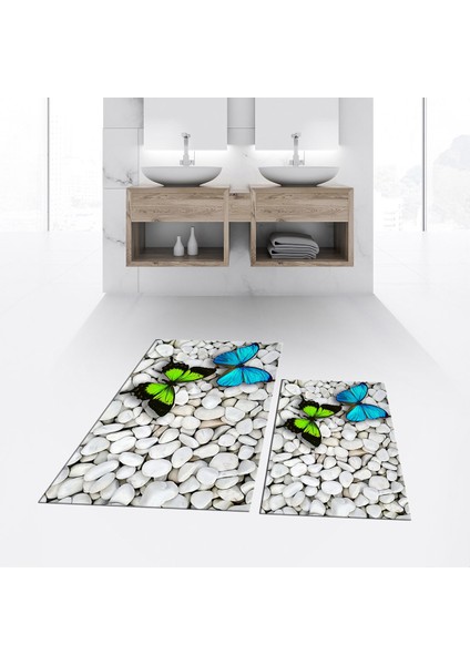 Dijital Baskılı Kaymaz Taban Yıkanabilir Ikili Banyo Paspas Klozet Takımı, V-Klozet-45-Renkli,
