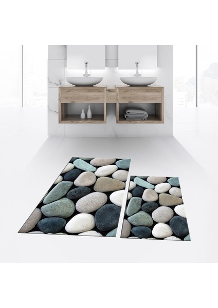 Dijital Baskılı Kaymaz Taban Yıkanabilir Ikili Banyo Paspas Klozet Takımı, V-Klozet-46-Renkli,