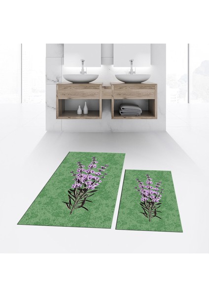 Dijital Baskılı Kaymaz Taban Yıkanabilir Ikili Banyo Paspas Klozet Takımı, V-Klozet-29-Yeşil,