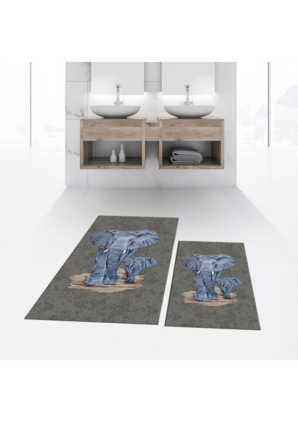 Dijital Baskılı Kaymaz Taban Yıkanabilir Ikili Banyo Paspas Klozet Takımı, V-Klozet-33-Gri,