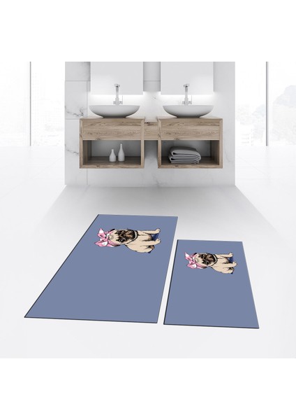 Dijital Baskılı Kaymaz Taban Yıkanabilir Ikili Banyo Paspas Klozet Takımı, V-Klozet-38-Mavi,
