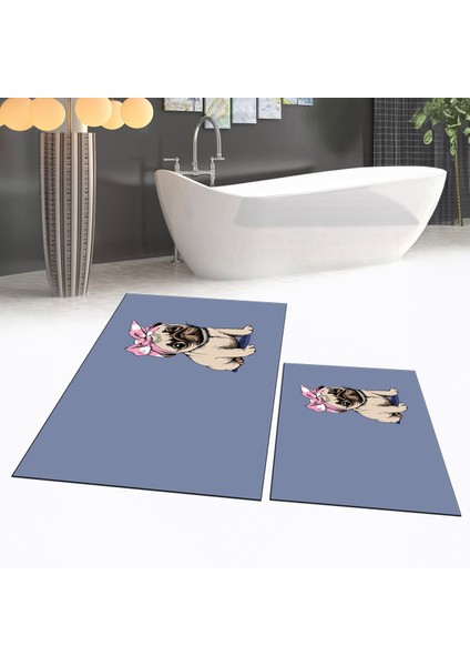 Dijital Baskılı Kaymaz Taban Yıkanabilir Ikili Banyo Paspas Klozet Takımı, V-Klozet-38-Mavi,