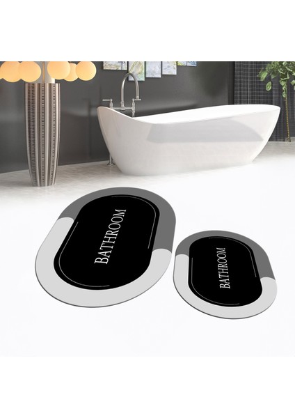 Dijital Baskılı Kaymaz Taban Yıkanabilir Oval Ikili Banyo Paspas Klozet Takımı, V-O-Klozet-02-Siyah,