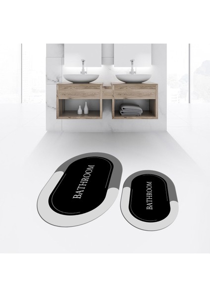 Dijital Baskılı Kaymaz Taban Yıkanabilir Oval Ikili Banyo Paspas Klozet Takımı, V-O-Klozet-02-Siyah, fiyatları