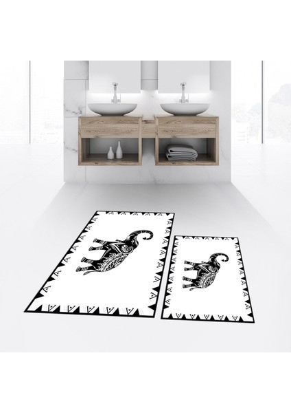 Dijital Baskılı Kaymaz Taban Yıkanabilir Ikili Banyo Paspas Klozet Takımı, V-Klozet-32-Beyaz,