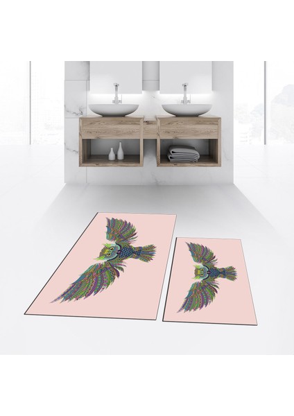 Dijital Baskılı Kaymaz Taban Yıkanabilir Ikili Banyo Paspas Klozet Takımı, V-Klozet-37-Pembe,