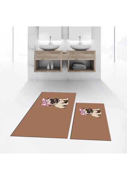 Dijital Baskılı Kaymaz Taban Yıkanabilir Ikili Banyo Paspas Klozet Takımı, V-Klozet-38-Kahve,