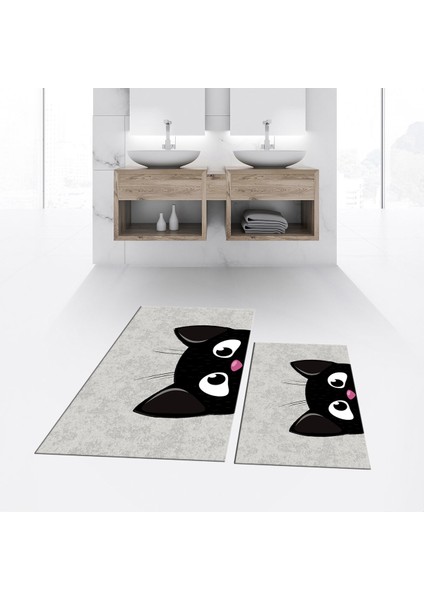 Dijital Baskılı Kaymaz Taban Yıkanabilir Ikili Banyo Paspas Klozet Takımı, V-Klozet-40-Gri,