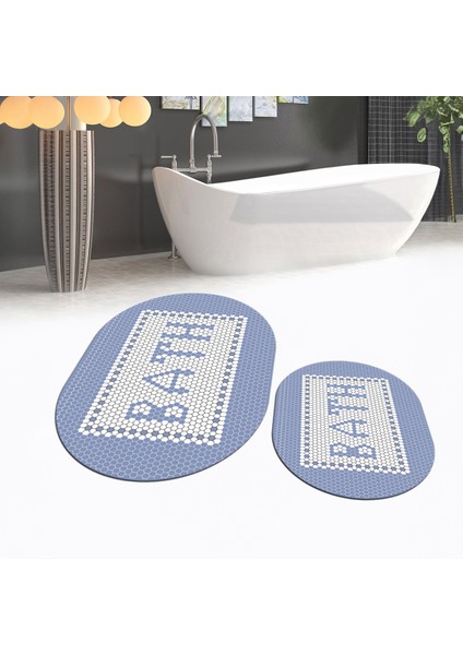 Dijital Baskılı Kaymaz Taban Yıkanabilir Oval Ikili Banyo Paspas Klozet Takımı, V-O-Klozet-07-Mavi,