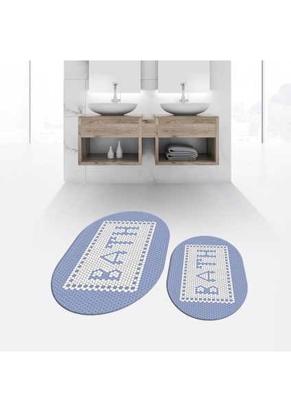 Dijital Baskılı Kaymaz Taban Yıkanabilir Oval Ikili Banyo Paspas Klozet Takımı, V-O-Klozet-07-Mavi, fiyatları