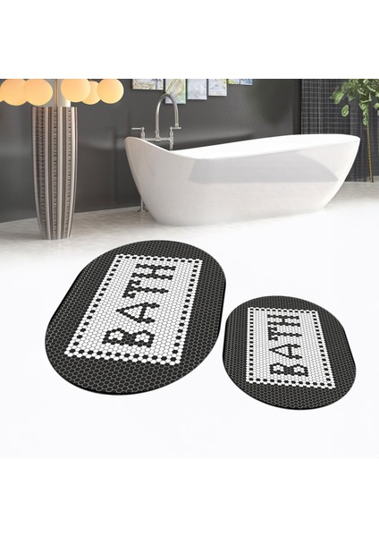 Dijital Baskılı Kaymaz Taban Yıkanabilir Oval Ikili Banyo Paspas Klozet Takımı, V-O-Klozet-07-Siyah,