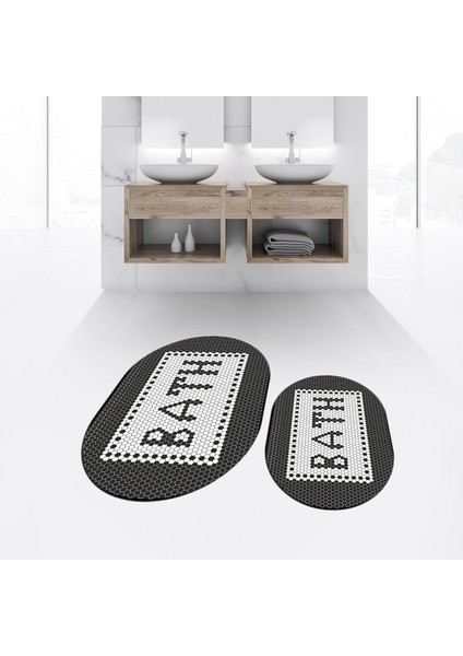 Dijital Baskılı Kaymaz Taban Yıkanabilir Oval Ikili Banyo Paspas Klozet Takımı, V-O-Klozet-07-Siyah, fiyatları