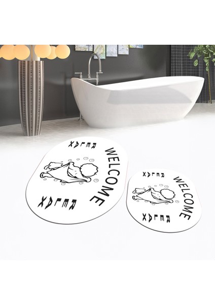 Dijital Baskılı Kaymaz Taban Yıkanabilir Oval Ikili Banyo Paspas Klozet Takımı, V-O-Klozet-11-Beyaz,