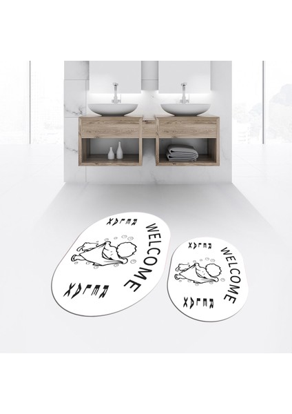 Dijital Baskılı Kaymaz Taban Yıkanabilir Oval Ikili Banyo Paspas Klozet Takımı, V-O-Klozet-11-Beyaz, fiyatları