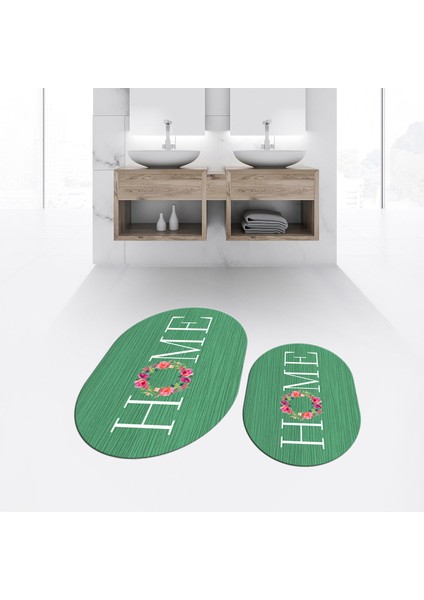 Dijital Baskılı Kaymaz Taban Yıkanabilir Oval Ikili Banyo Paspas Klozet Takımı, V-O-Klozet-12-Yeşil, fiyatları