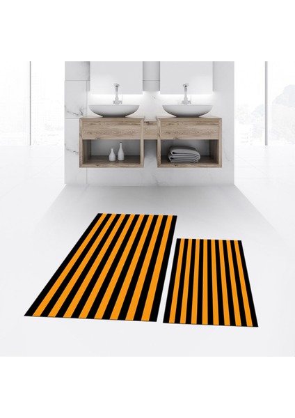 Dijital Baskılı Kaymaz Taban Yıkanabilir Ikili Banyo Paspas Klozet Takımı, V-Klozet-50-Turuncu,