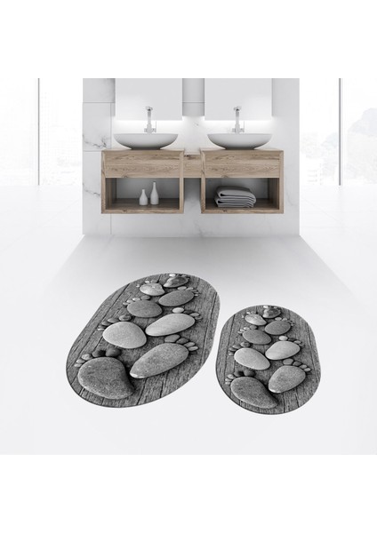 Dijital Baskılı Kaymaz Taban Yıkanabilir Oval Ikili Banyo Paspas Klozet Takımı, V-O-Klozet-15-Gri,