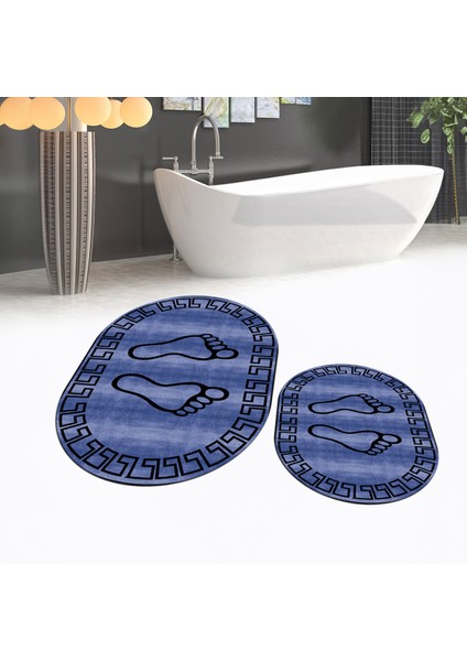 Dijital Baskılı Kaymaz Taban Yıkanabilir Oval Ikili Banyo Paspas Klozet Takımı, V-O-Klozet-19-Mavi,
