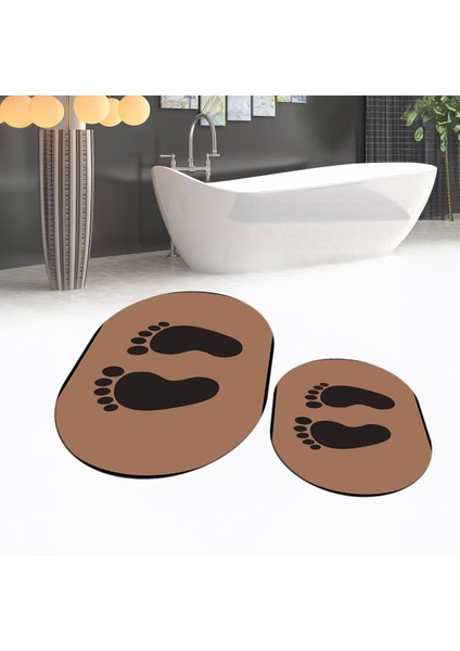 Dijital Baskılı Kaymaz Taban Yıkanabilir Oval Ikili Banyo Paspas Klozet Takımı, V-O-Klozet-21-Kahve, fiyatları