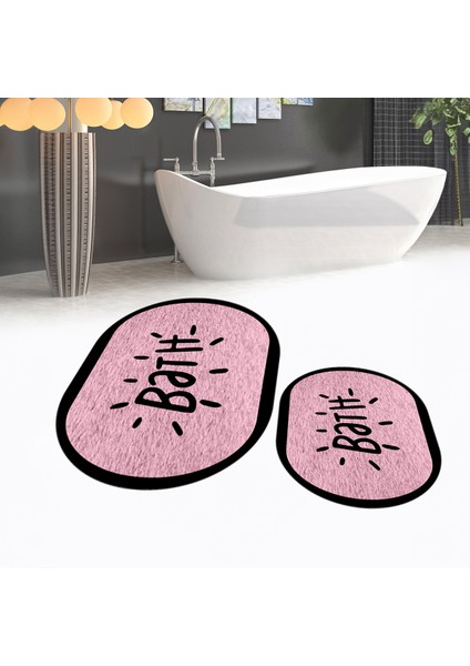 Dijital Baskılı Kaymaz Taban Yıkanabilir Oval Ikili Banyo Paspas Klozet Takımı, V-O-Klozet-10-Pembe,