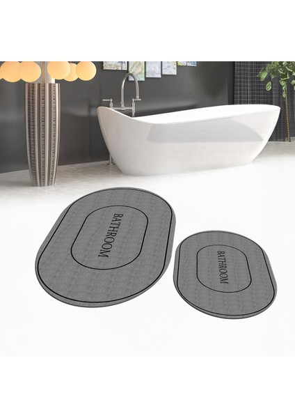 Dijital Baskılı Kaymaz Taban Yıkanabilir Oval Ikili Banyo Paspas Klozet Takımı, V-O-Klozet-04-Gri,