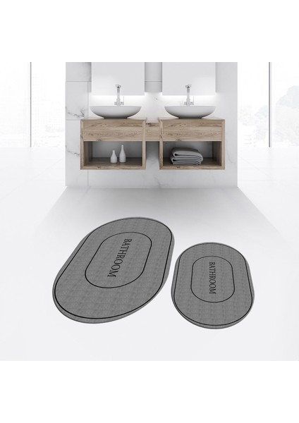 Dijital Baskılı Kaymaz Taban Yıkanabilir Oval Ikili Banyo Paspas Klozet Takımı, V-O-Klozet-04-Gri, fiyatları