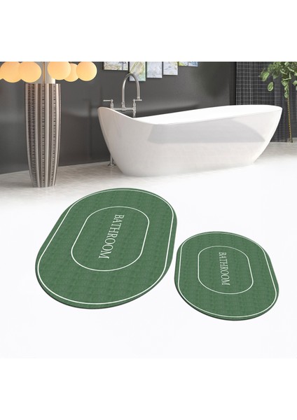 Dijital Baskılı Kaymaz Taban Yıkanabilir Oval Ikili Banyo Paspas Klozet Takımı, V-O-Klozet-04-Yeşil,