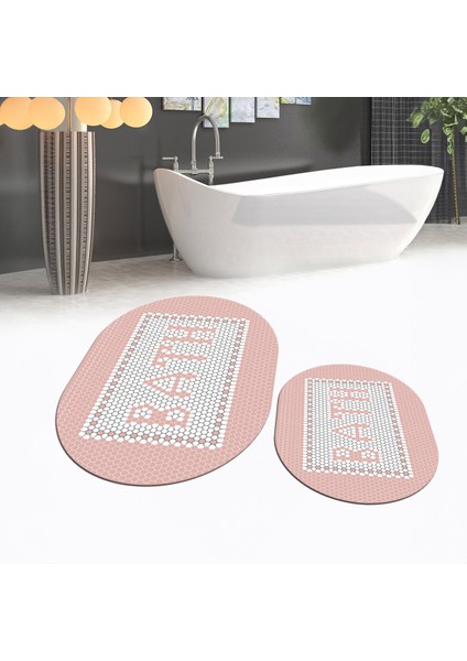 Dijital Baskılı Kaymaz Taban Yıkanabilir Oval Ikili Banyo Paspas Klozet Takımı, V-O-Klozet-07-Pembe,