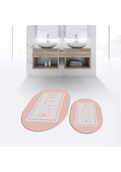 Dijital Baskılı Kaymaz Taban Yıkanabilir Oval Ikili Banyo Paspas Klozet Takımı, V-O-Klozet-07-Pembe, fiyatları