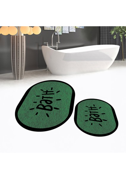 Dijital Baskılı Kaymaz Taban Yıkanabilir Oval Ikili Banyo Paspas Klozet Takımı, V-O-Klozet-10-Yeşil,