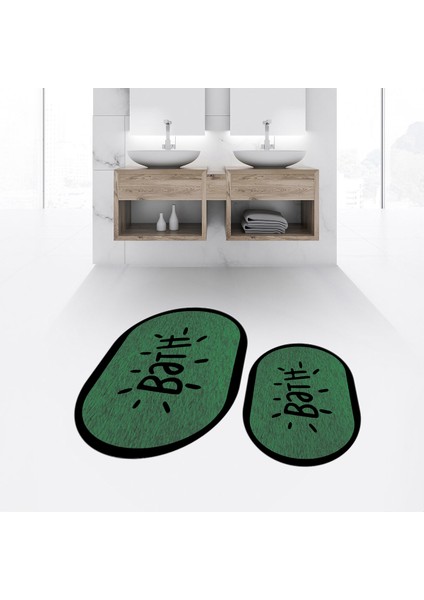 Dijital Baskılı Kaymaz Taban Yıkanabilir Oval Ikili Banyo Paspas Klozet Takımı, V-O-Klozet-10-Yeşil,