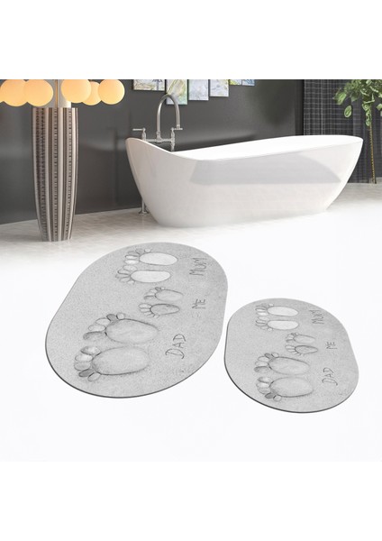 Dijital Baskılı Kaymaz Taban Yıkanabilir Oval Ikili Banyo Paspas Klozet Takımı, V-O-Klozet-16-Gri,