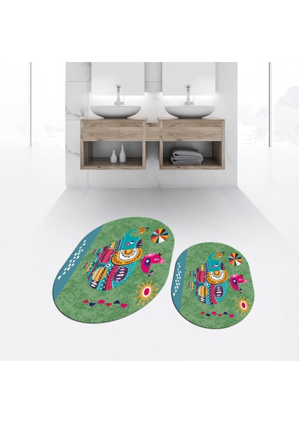 Dijital Baskılı Kaymaz Taban Yıkanabilir Oval Ikili Banyo Paspas Klozet Takımı, V-O-Klozet-31-Yeşil,