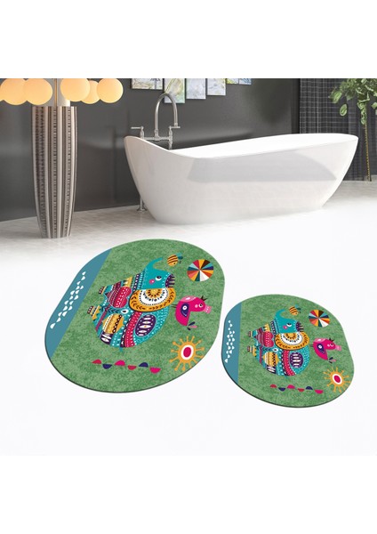 Dijital Baskılı Kaymaz Taban Yıkanabilir Oval Ikili Banyo Paspas Klozet Takımı, V-O-Klozet-31-Yeşil,