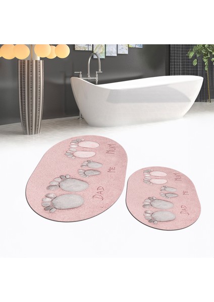 Dijital Baskılı Kaymaz Taban Yıkanabilir Oval Ikili Banyo Paspas Klozet Takımı, V-O-Klozet-16-Pembe,