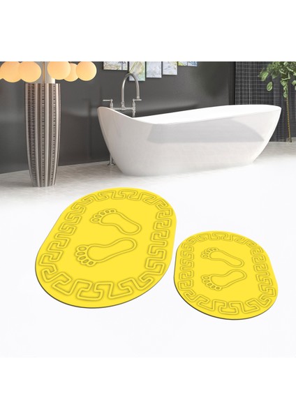 Dijital Baskılı Kaymaz Taban Yıkanabilir Oval Ikili Banyo Paspas Klozet Takımı, V-O-Klozet-18-Sarı,