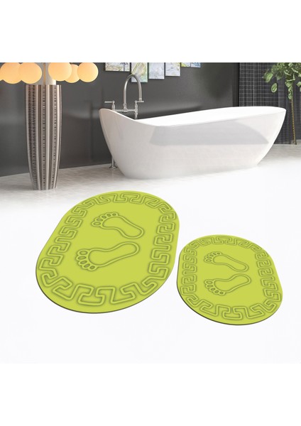 Dijital Baskılı Kaymaz Taban Yıkanabilir Oval Ikili Banyo Paspas Klozet Takımı, V-O-Klozet-18-Yeşil,